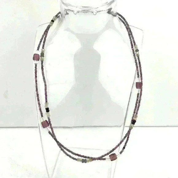 Purple Mini Seed Bead Necklace Layered Iridescent Glass Frosty Jewelry 17" - Picture 9 of 11